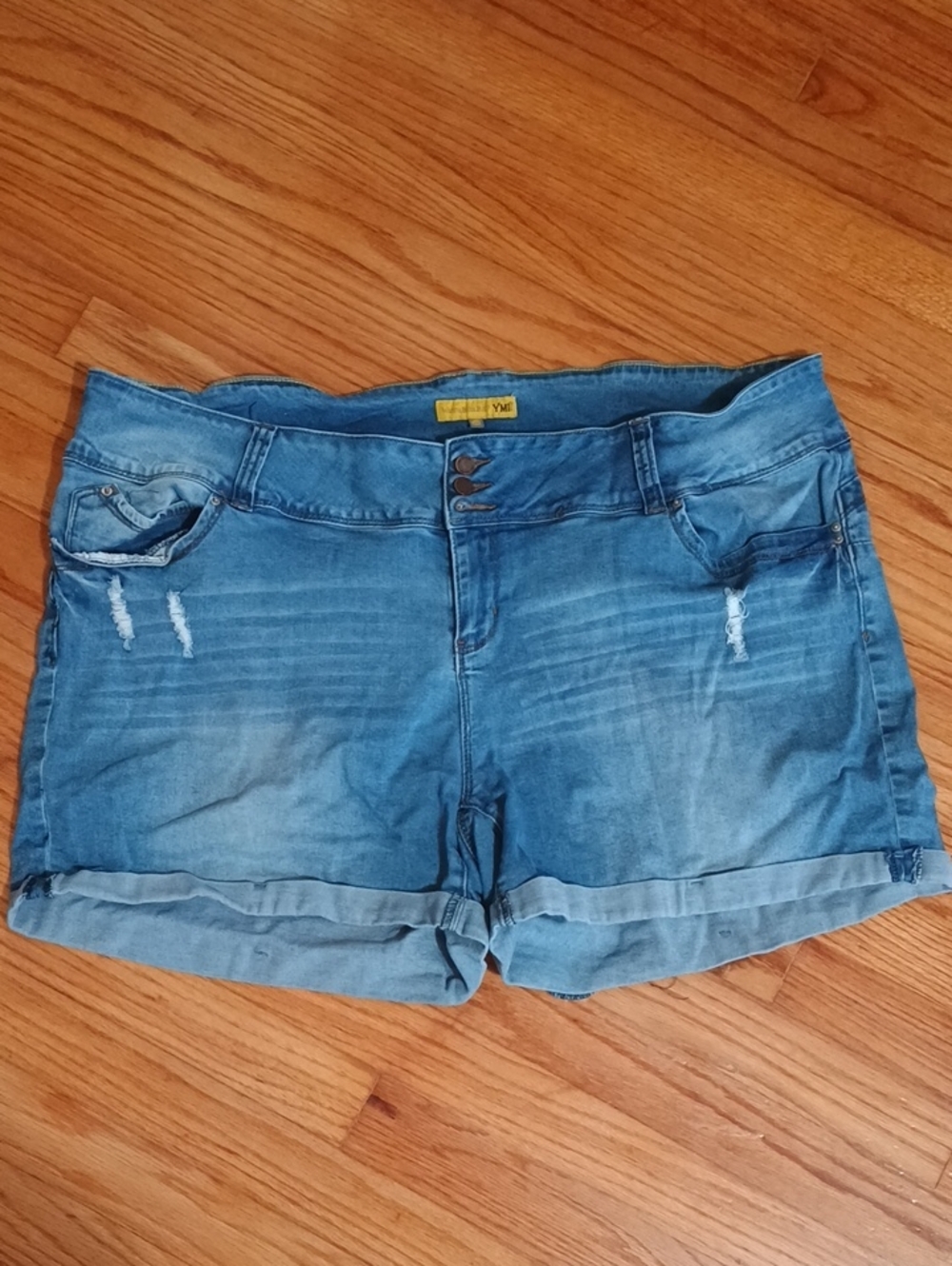 High-Rise Washed Blue Denim Roll-Cuff Shorts